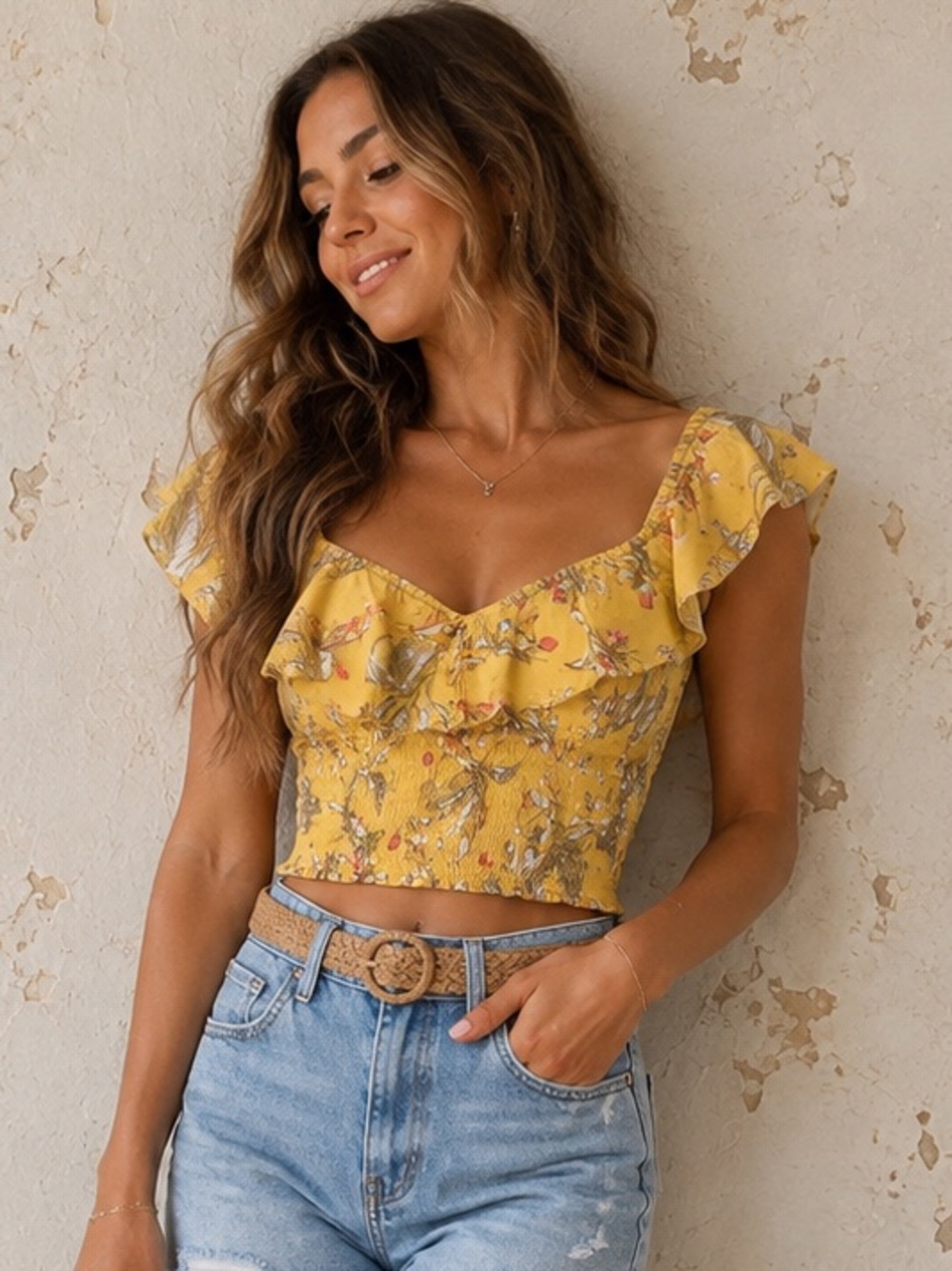 Express Yellow Floral Crop Top Medium Ruffle Smocked Short Sleeve Cropped